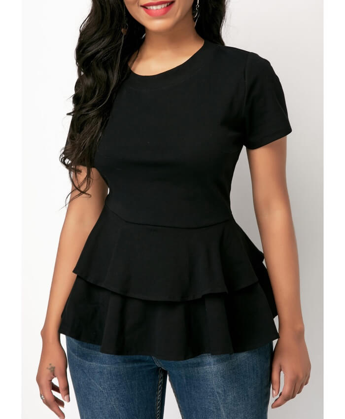 Ruffle Hem Black Short Sleeve Blouse